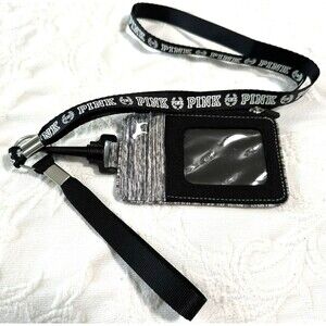 VICTORIA'S SECRET VS PINK Lanyard ID Holder Wallet Badge Black w/White 5 x 3.25"